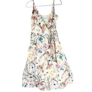 Amour Vert Cream Garden Floral Print Silk Wrap Midi Dress Women’s Size Medium